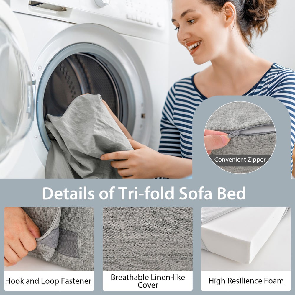 Costway Single Light Grey Tri Fold Sofa Bed with Pillow Image 5