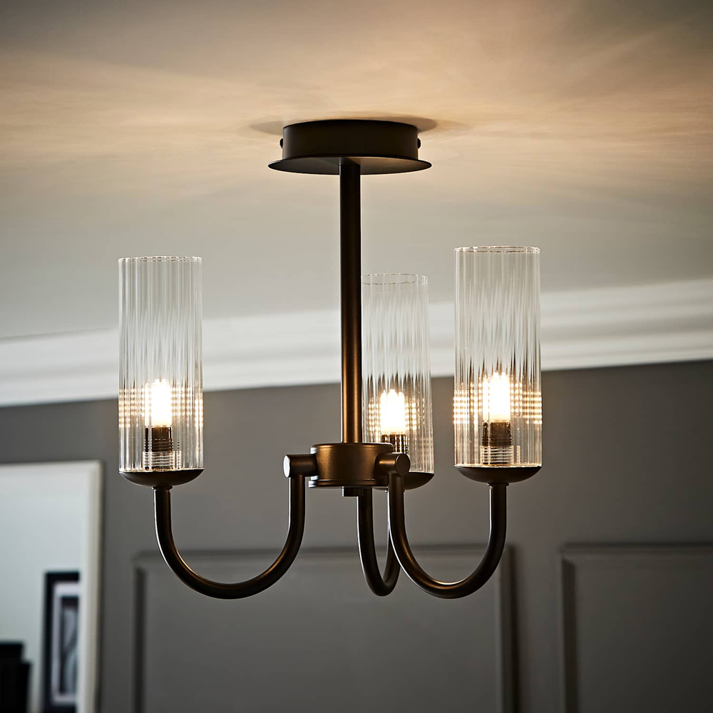 ValueLights Canya Clear Ribbed Shades 3 Way Matte Black Ceiling Light Chandelier with Bulbs Image 6
