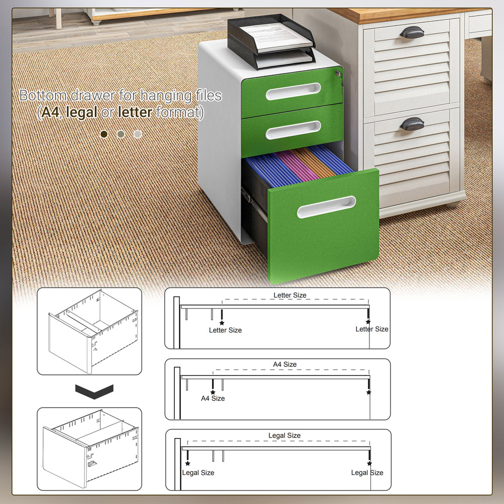 Portland 3 Drawer Green File Storage Cabinet Image 7