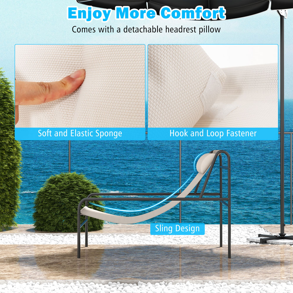 Costway Beige Patio Sling Lounge Chair with Removable Headrest Pillow Image 6