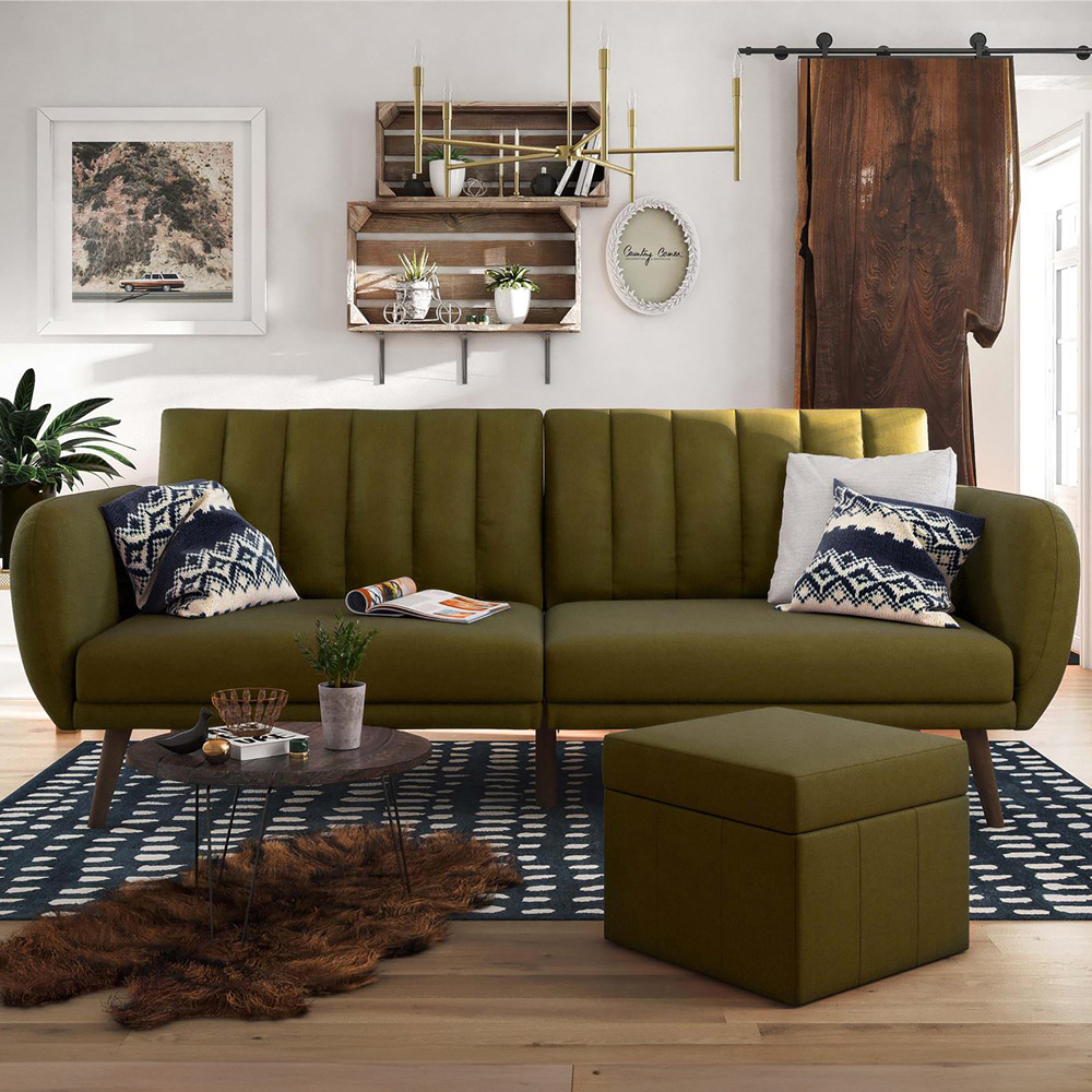 Novogratz Brittany 3 Seater Green Linen Sofa Bed with Wooden Legs Image 8