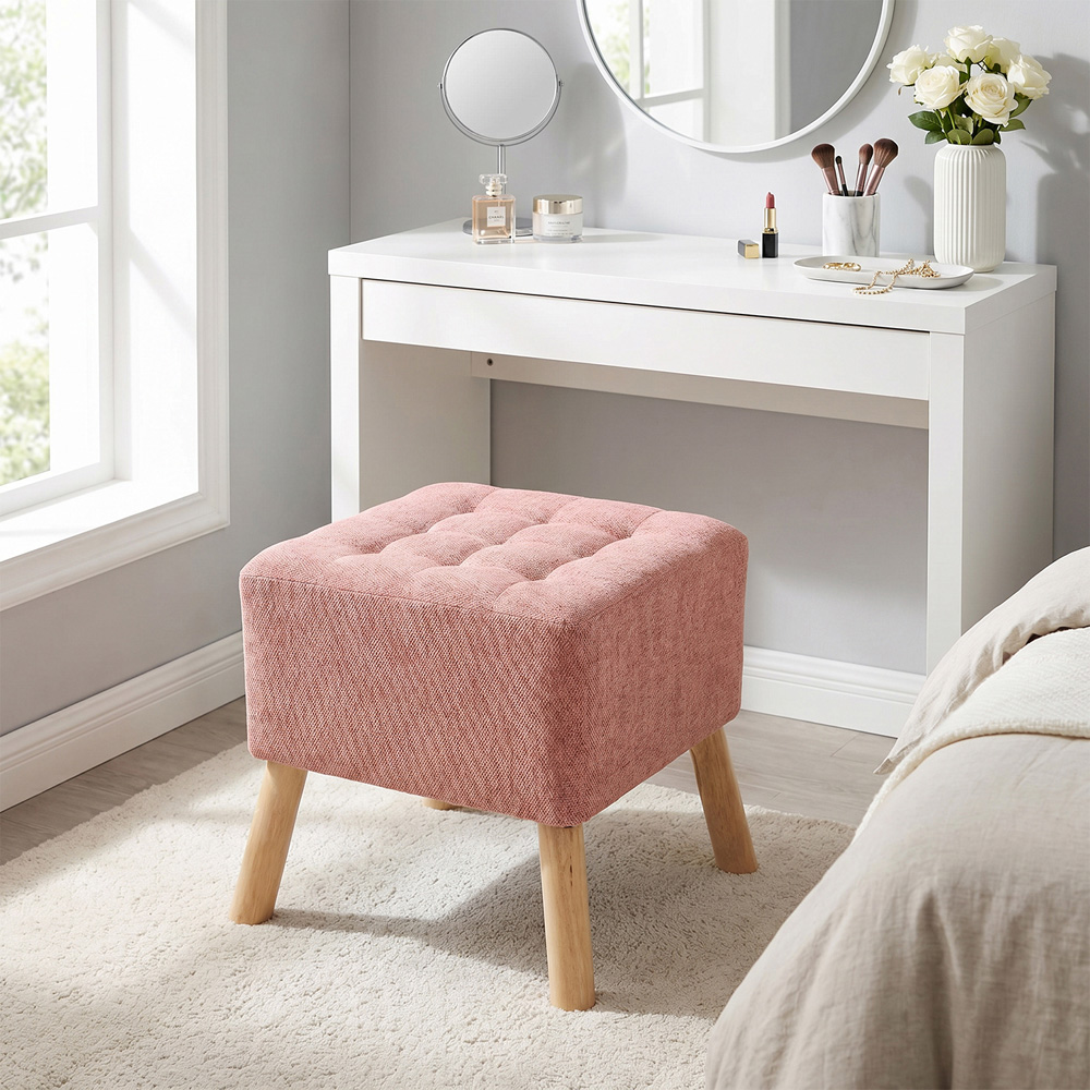 Living and Home Pink Chenille Button Tufted Square Footstool Image 8