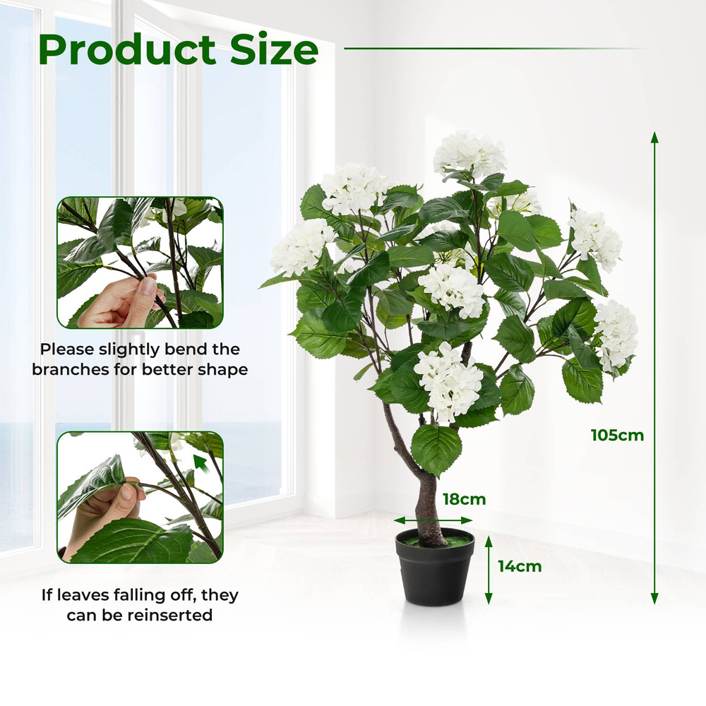 Costway White Flowers Hydrangea Tree Artificial Plant In Pot 3.4ft 2 Pack Image 7