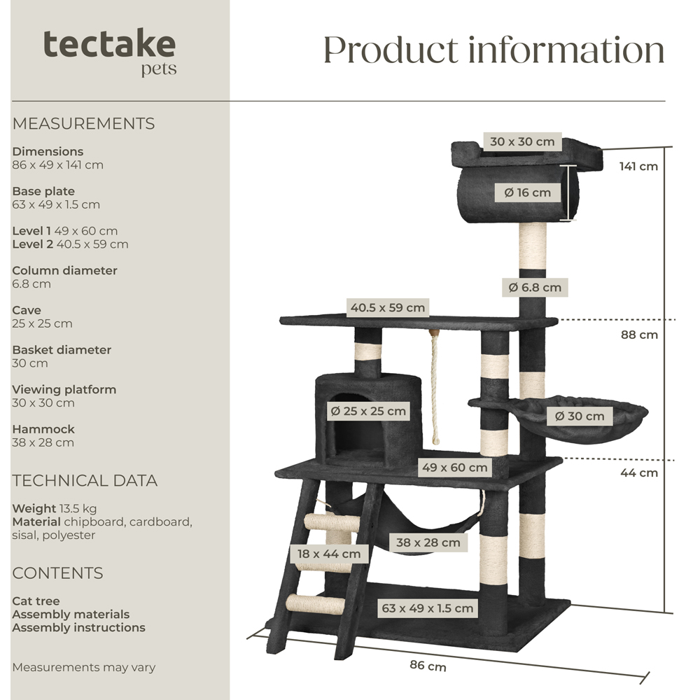 tectake Stokeley Black Cat Tree with Scratching Posts 141cm Image 9
