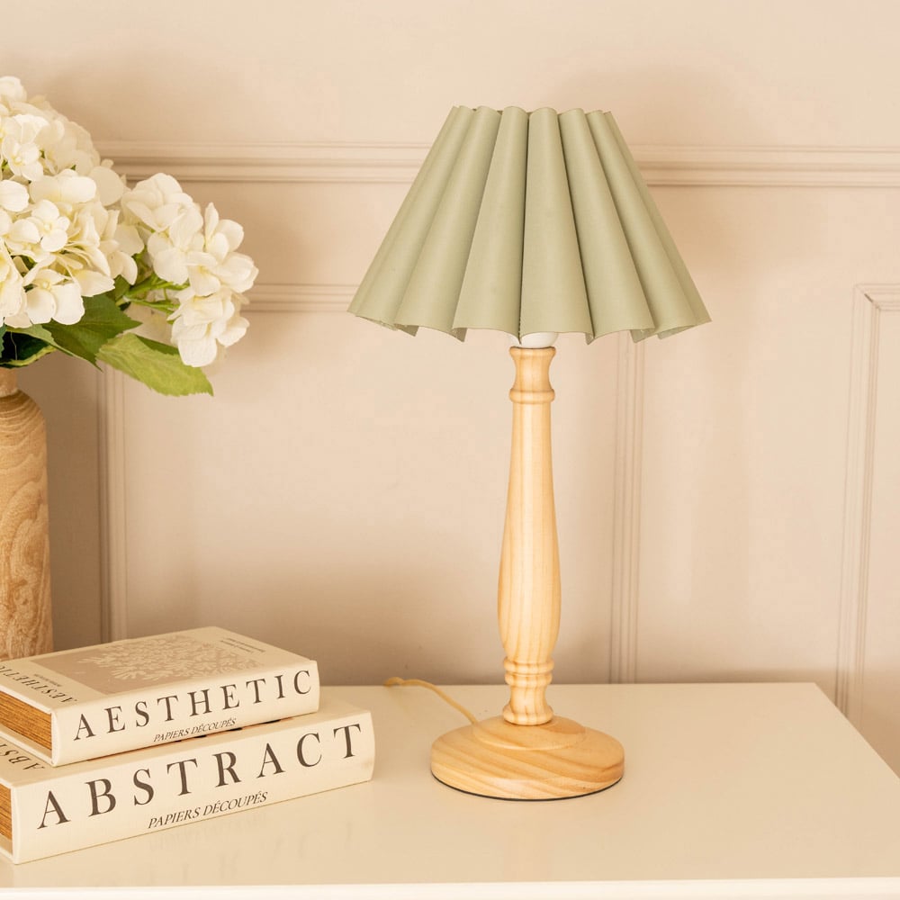 ValueLights Victoria Sage Green Scallop Shade Light Wood LED Table Lamp Image 3