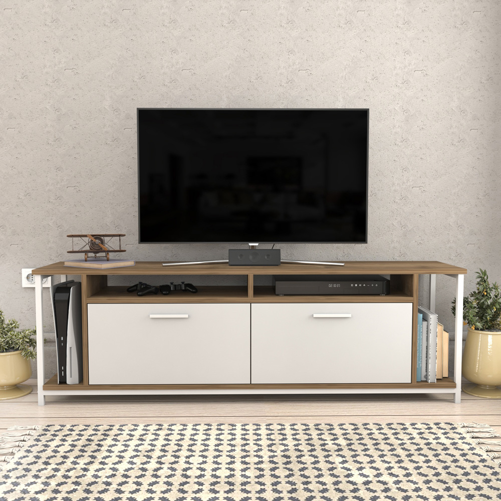 Decorotika Omar 2 Door 4 Shelf Walnut and White TV Unit Image 4