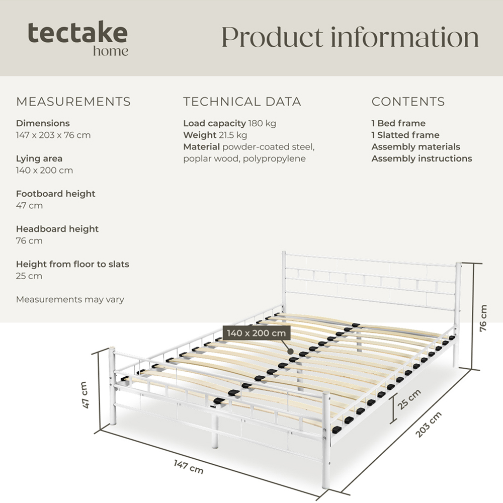 tectake Double White Metal Bed Frame with Slatted Base Image 8