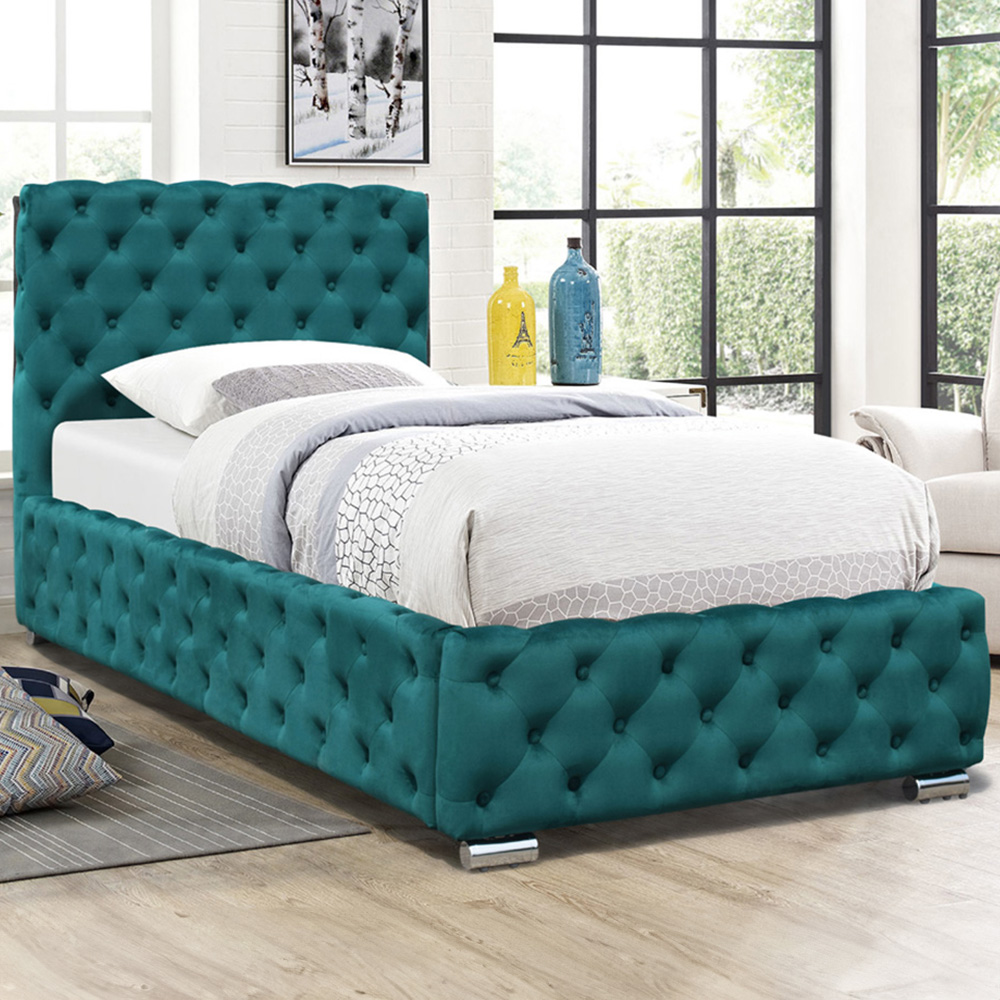 Comfy Living Single Green Tufted Fabric Bed Frame Image 1