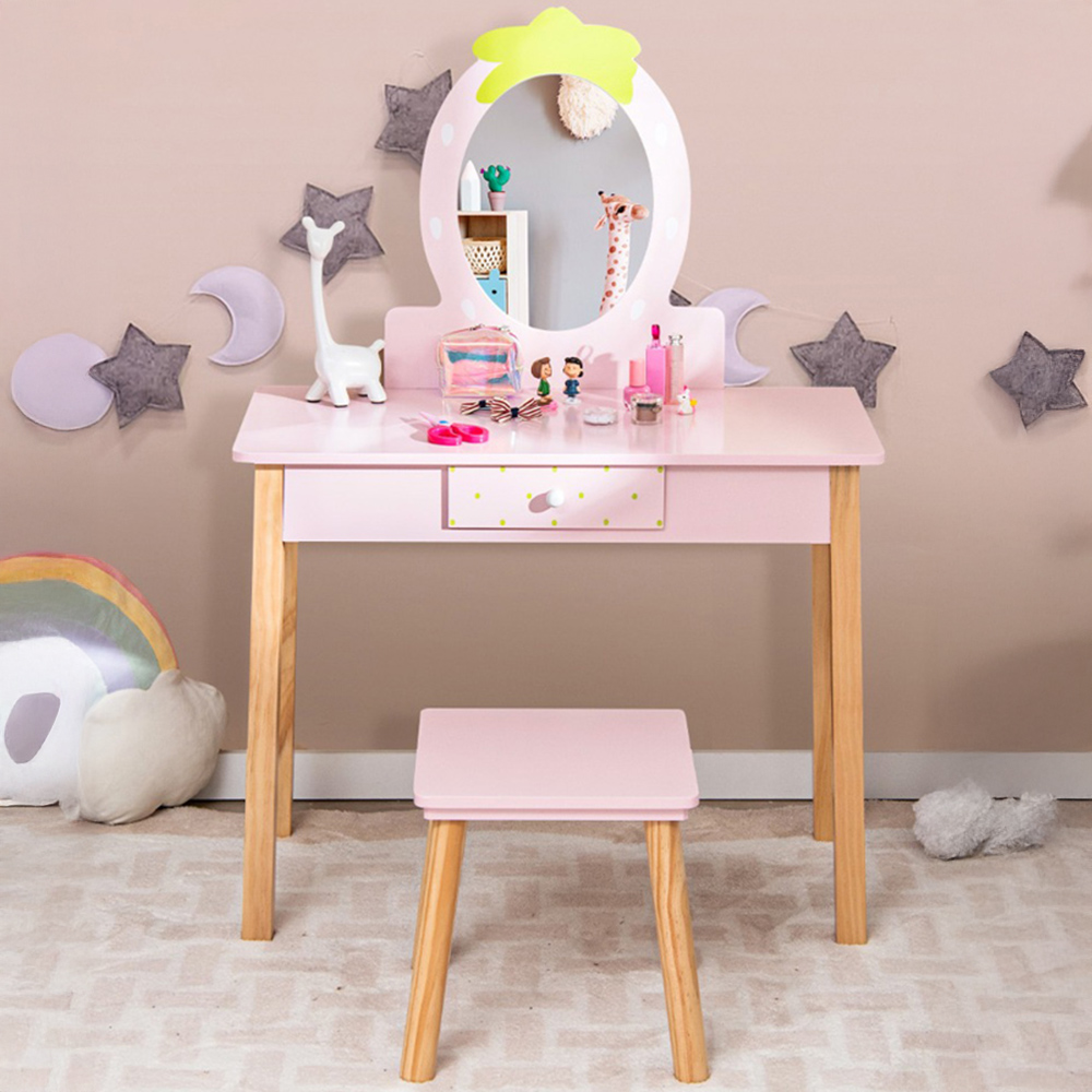 Costway Kids Single Drawer Pink Dressing Table and Stool Set with Mirror Image 1