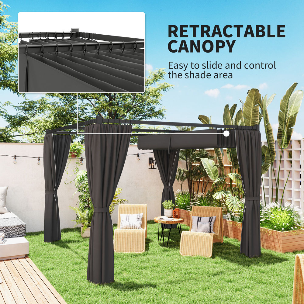 Outsunny 3 x 3m Charcoal Grey Pergola with Retractable Roof and Curtains Image 8