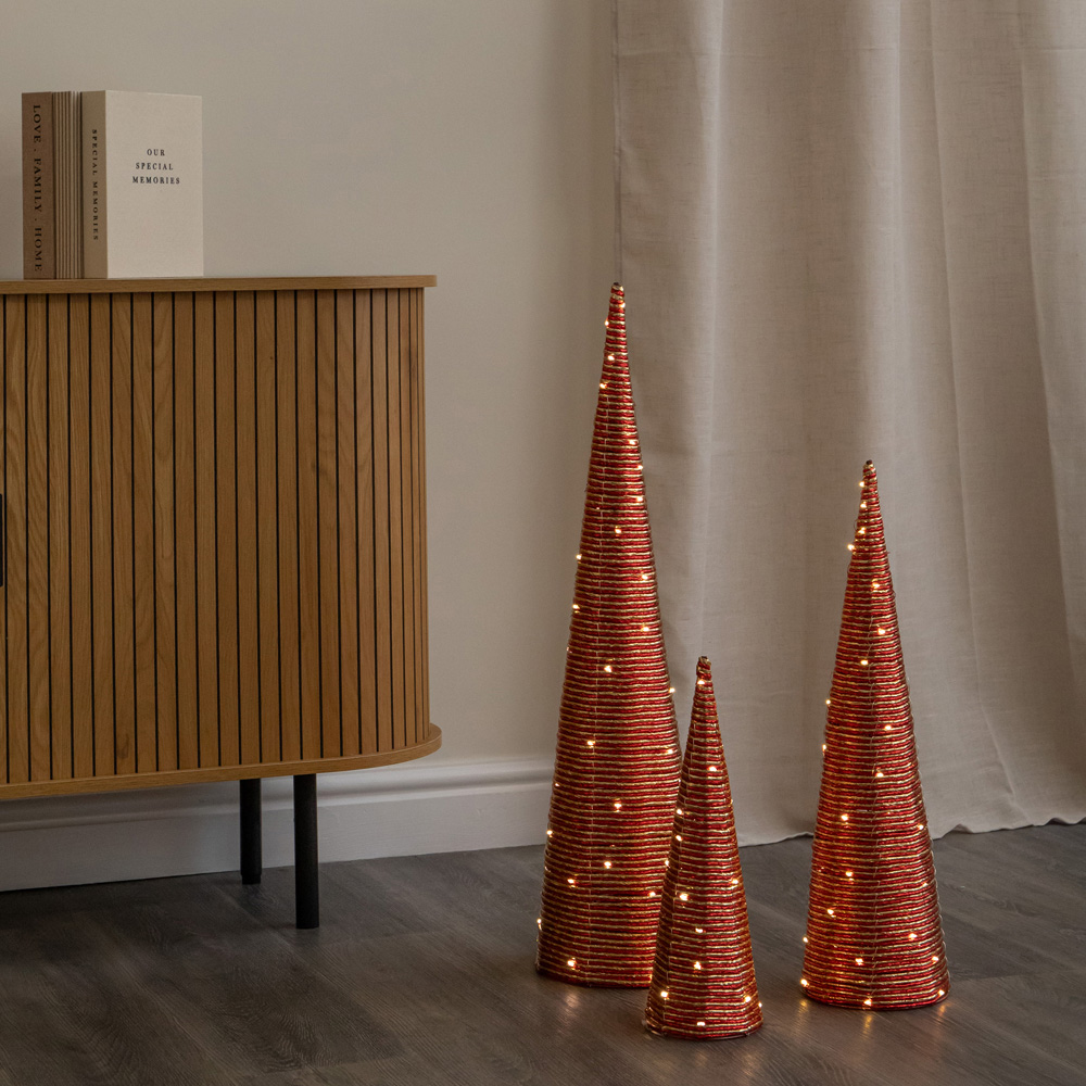 Samuel Alexander 120 Warm White LED Red and Gold Braid Christmas Cone Tree with Timer Set of 3 Image 6