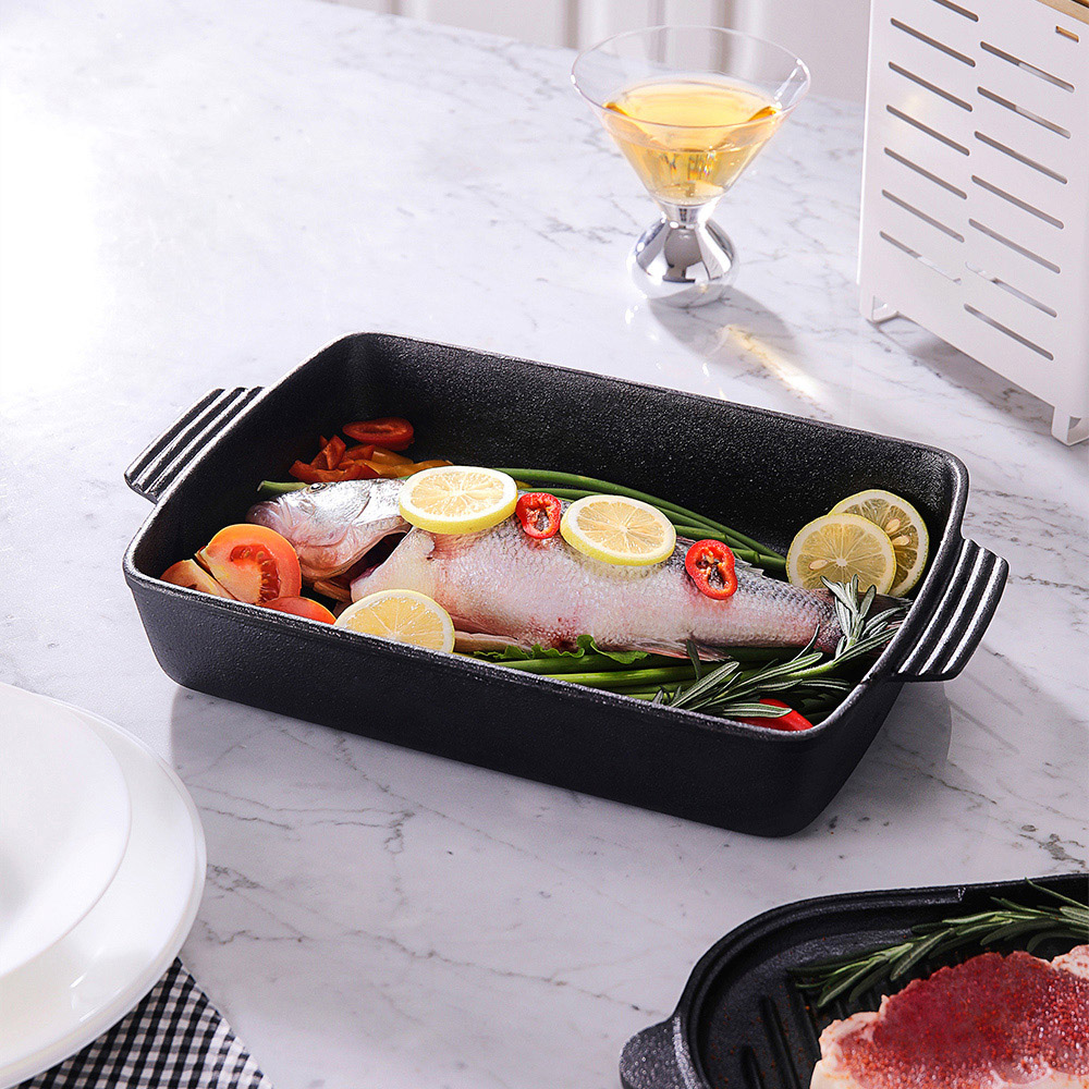 Living and Home Black Rectangular Cast Iron Baking Pan with Dual Non Slip Handles Image 2