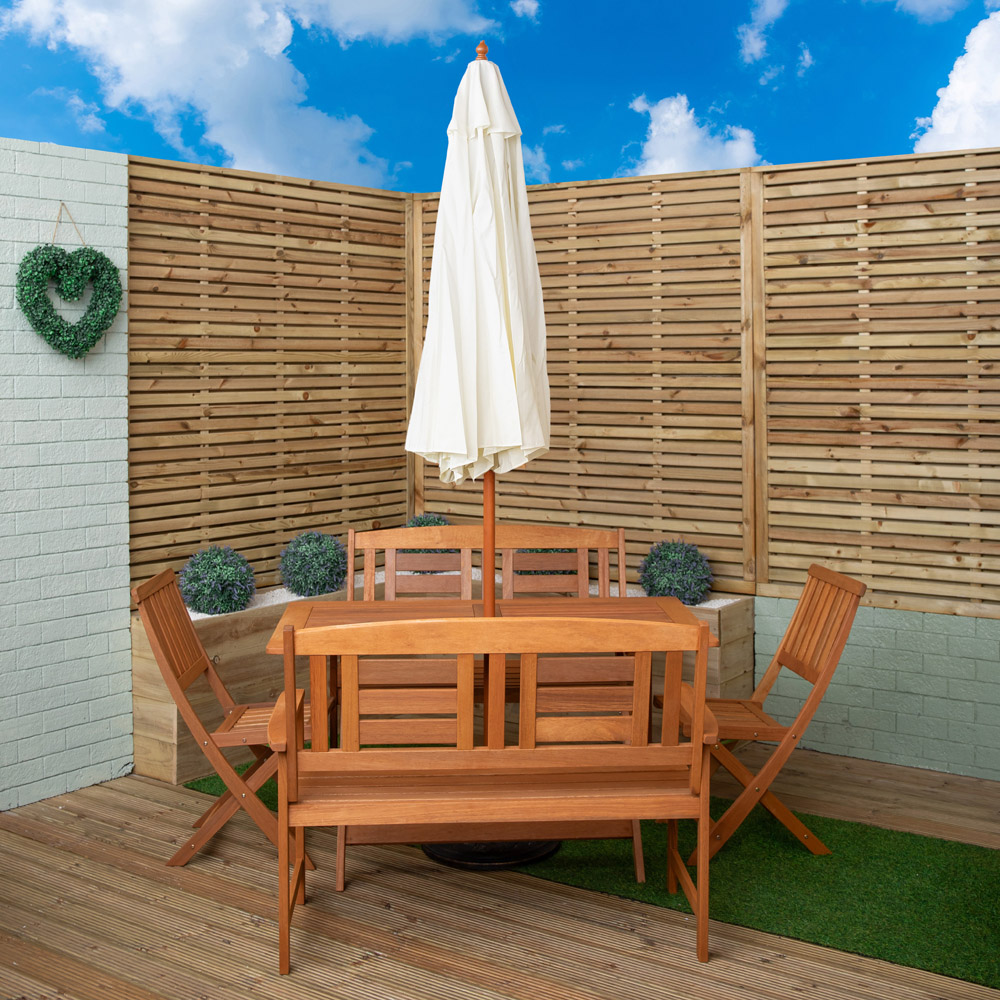 Samuel Alexander 6 Seater Wooden Rectangular Foldable Dining Bench Set with Cream Parasol and Base Image 9