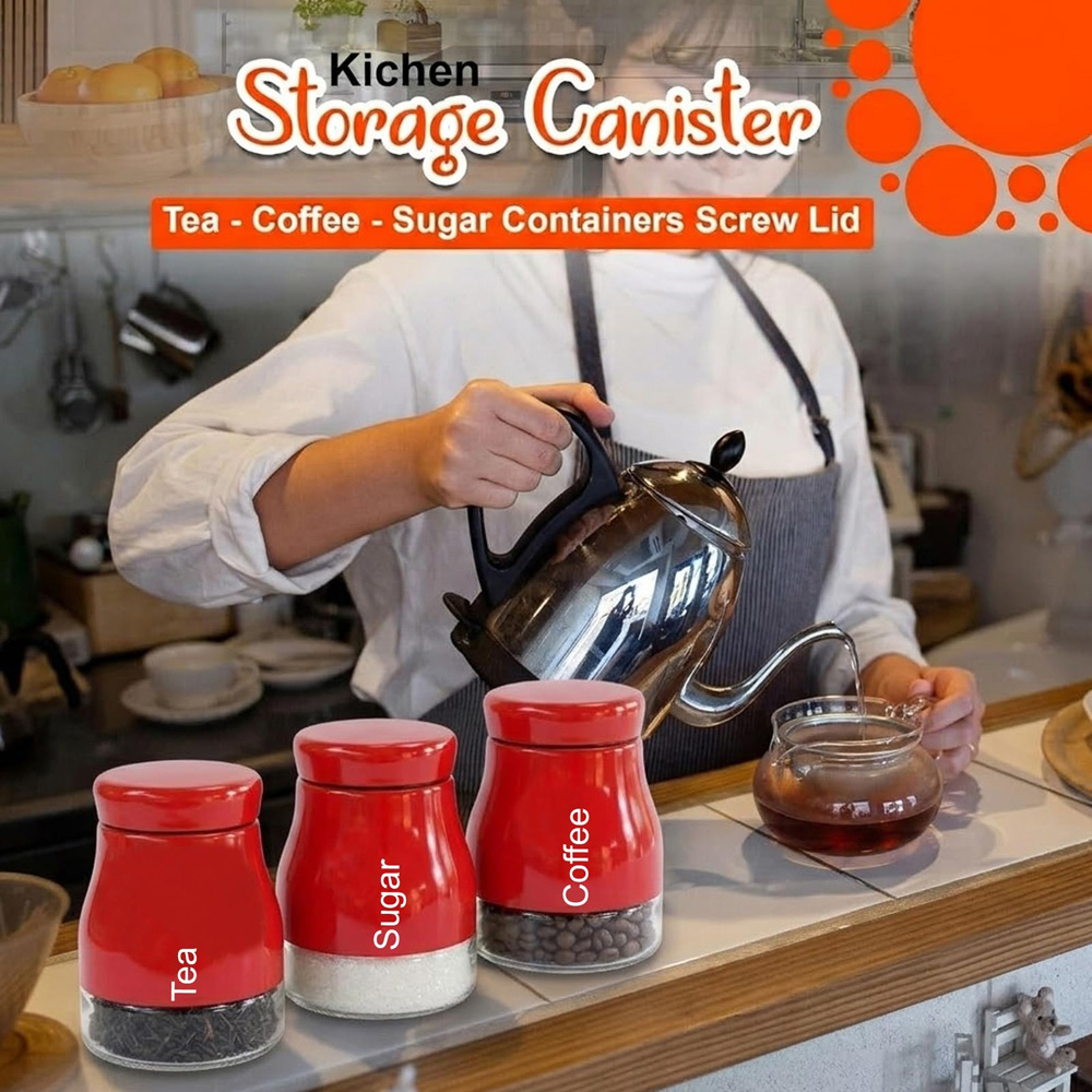 ATEK 3 Piece Tea Coffee and Sugar Red Kitchen Canister Set Image 5