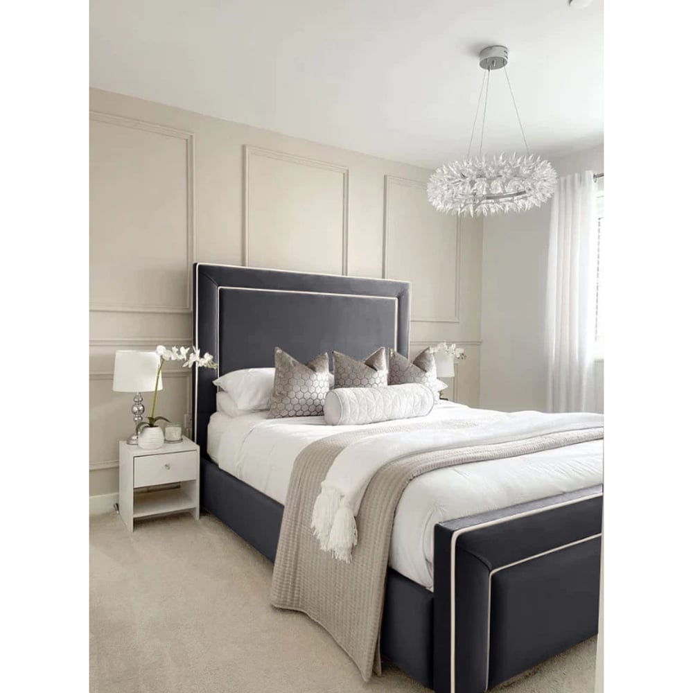 Eleganza Home Arring King Size Steel Plush Velvet Bed Frame with Headboard and Footboard Image 2