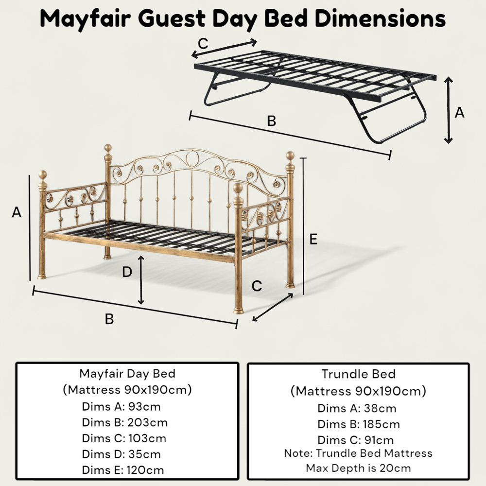 OAT Home Mayfair Single Antique Brass Effect and Black Guest Trundle Metal Day Bed Image 9