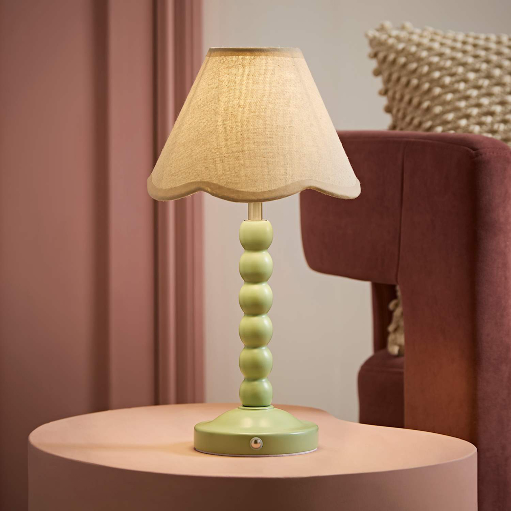 ValueLights Bobble Natural Scallop Shade Green Rechargeable Wooden LED Table Lamp Image 6