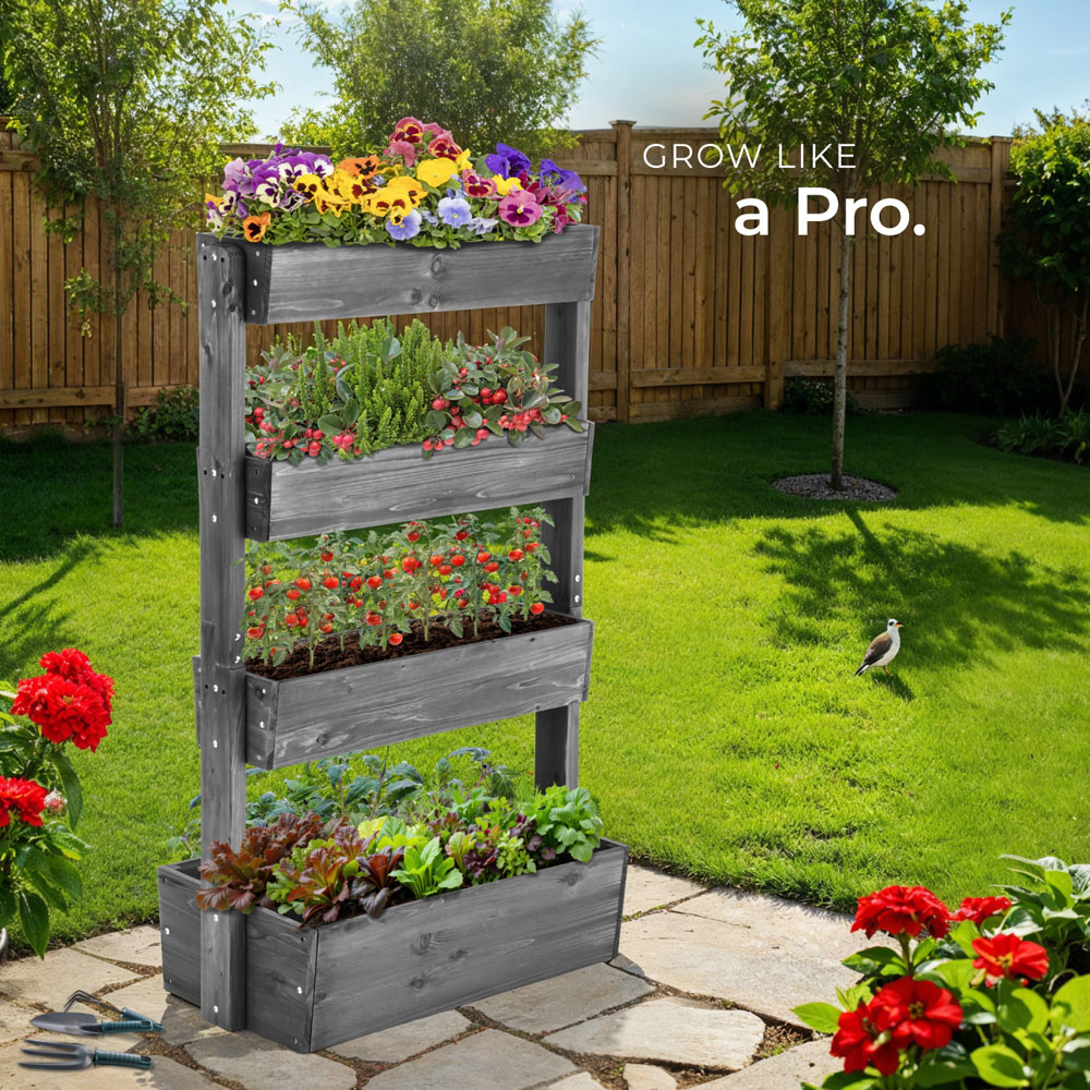 tectake Flora 4-Tier Grey Rustic Wooden Vertical Planter 85 x 45 x 140cm Image 3
