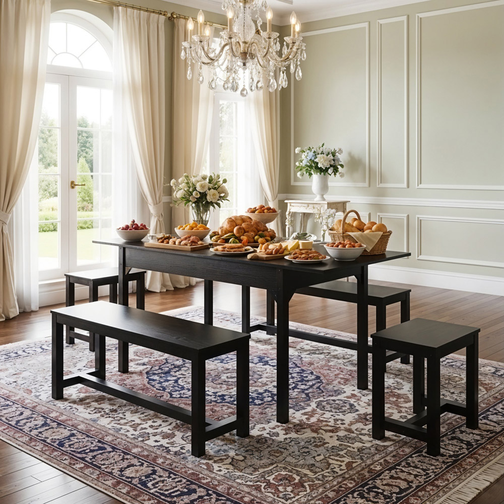 Living and Home 6 Seater Extendable Dining Set with Bench and Stool Black Image 8