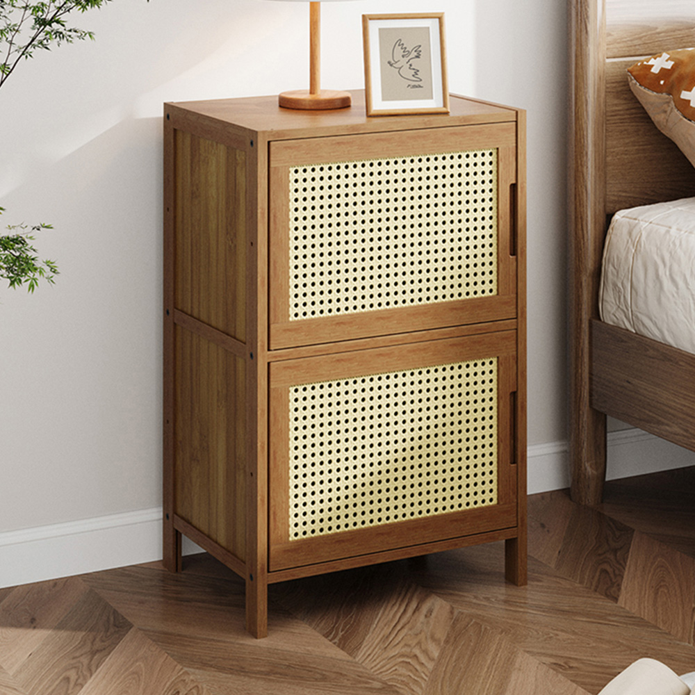 Living and Home 2 Door Natural Wooden Rattan Bedside Table Image 1