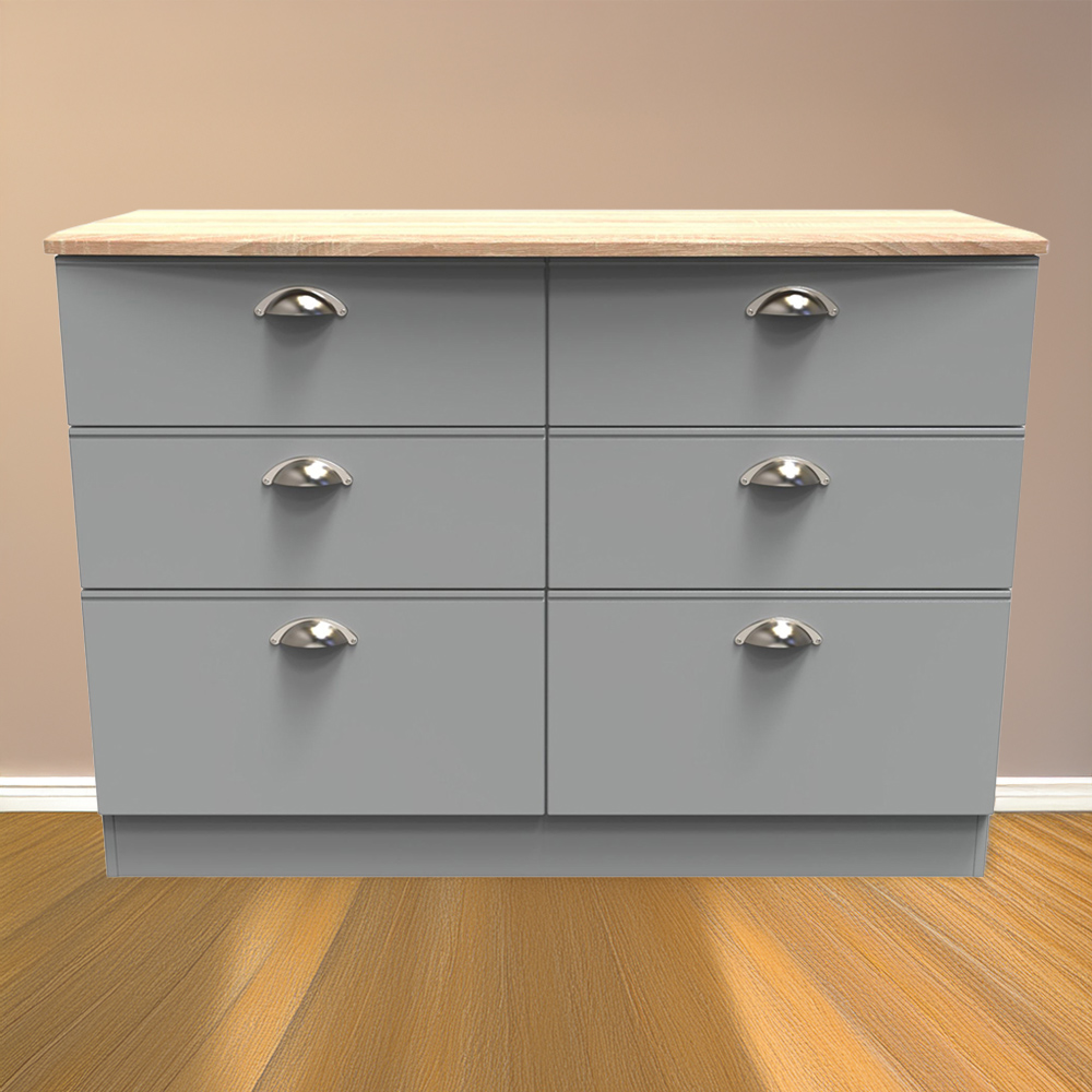Crowndale Victoria 6 Drawer Dusk Grey and Oak Wide Midi Chest of Drawer Image 1