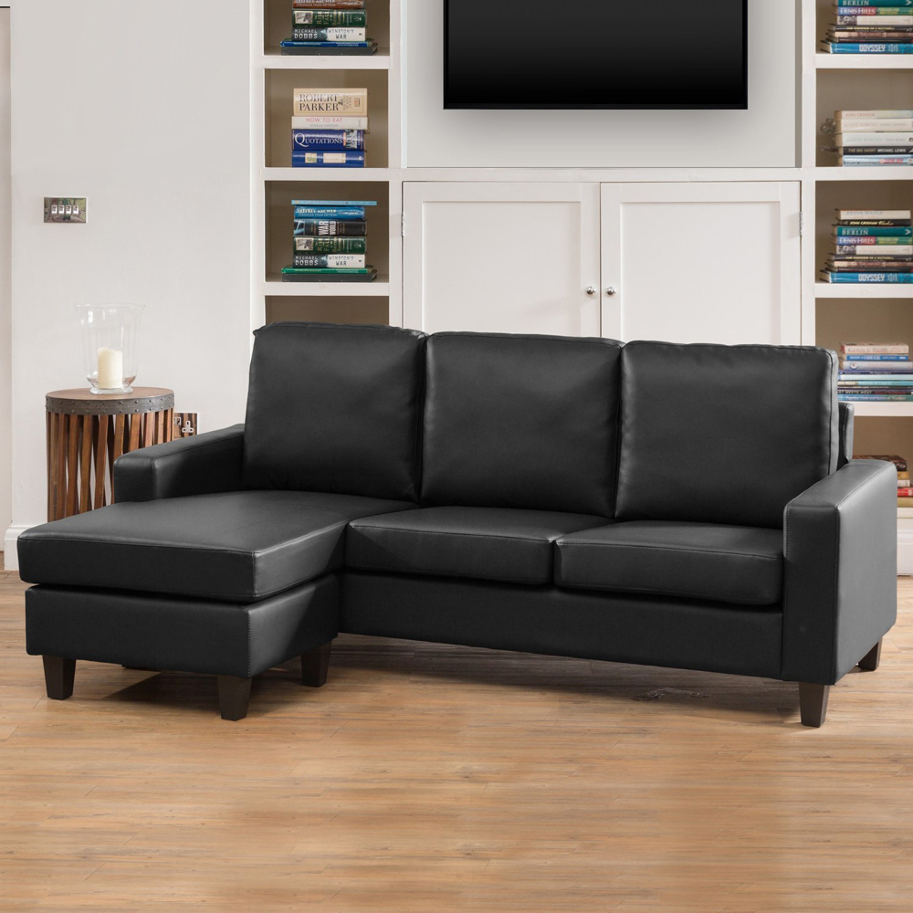 Modena 3 Seater Black Bonded Leather Reversible Corner Sofa Image 1