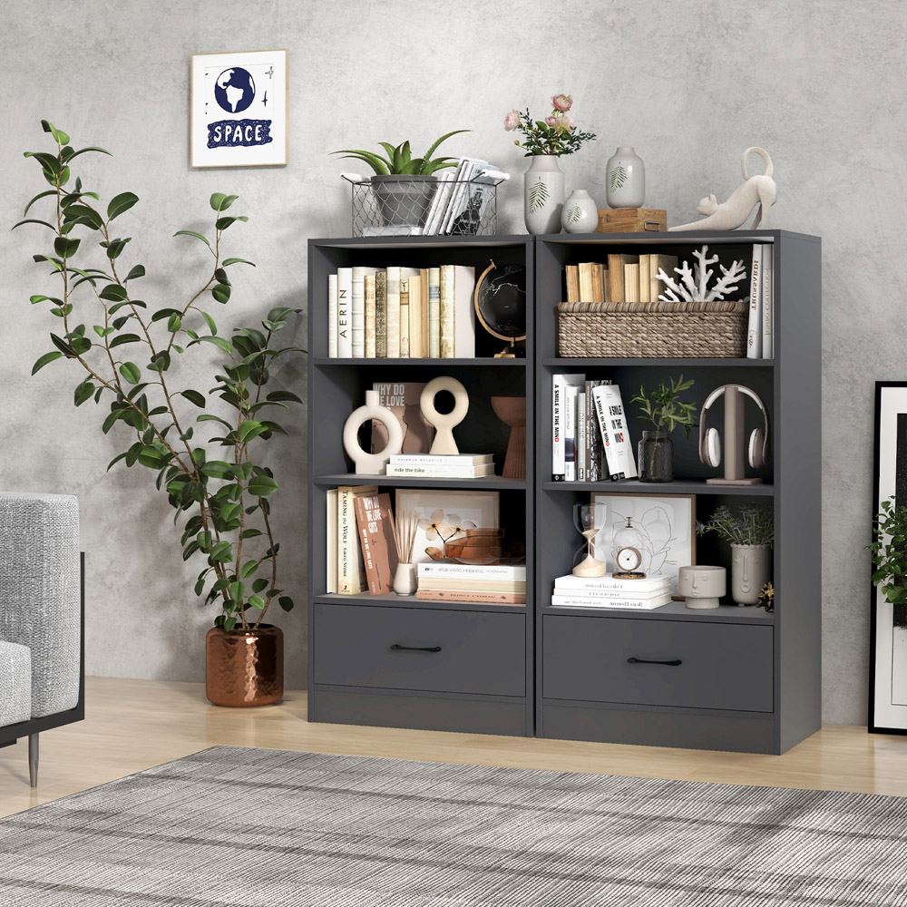 Costway Single Drawer 3 Shelf Grey Wooden Bookshelf Image 4