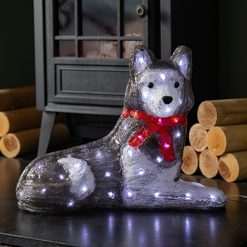 Samuel Alexander White LED Light Up Acrylic Husky with Red Scarf Christmas Decoration 28cm Image 1