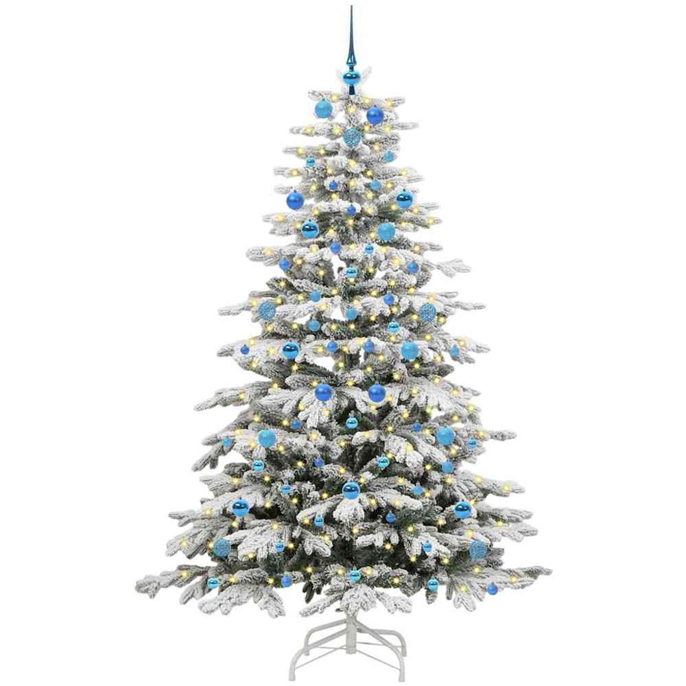 vidaXL Pre-Lit Blue Baubles White Artificial Snow Flocked Christmas Tree 7ft Image 1