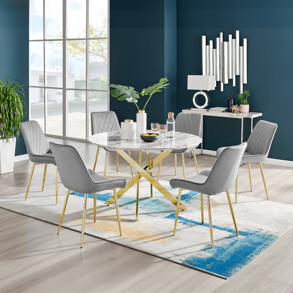 Furniturebox Arona Cesano Marble Effect 6 Seater Dining Set White Gold and Grey Image 1