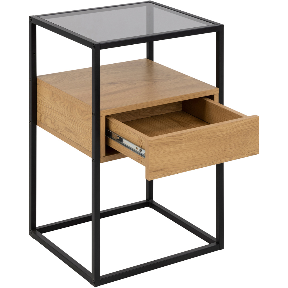 Florence Randolf Single Drawer Single Shelf Black and Oak Smoked Glass Bedside Table Image 4