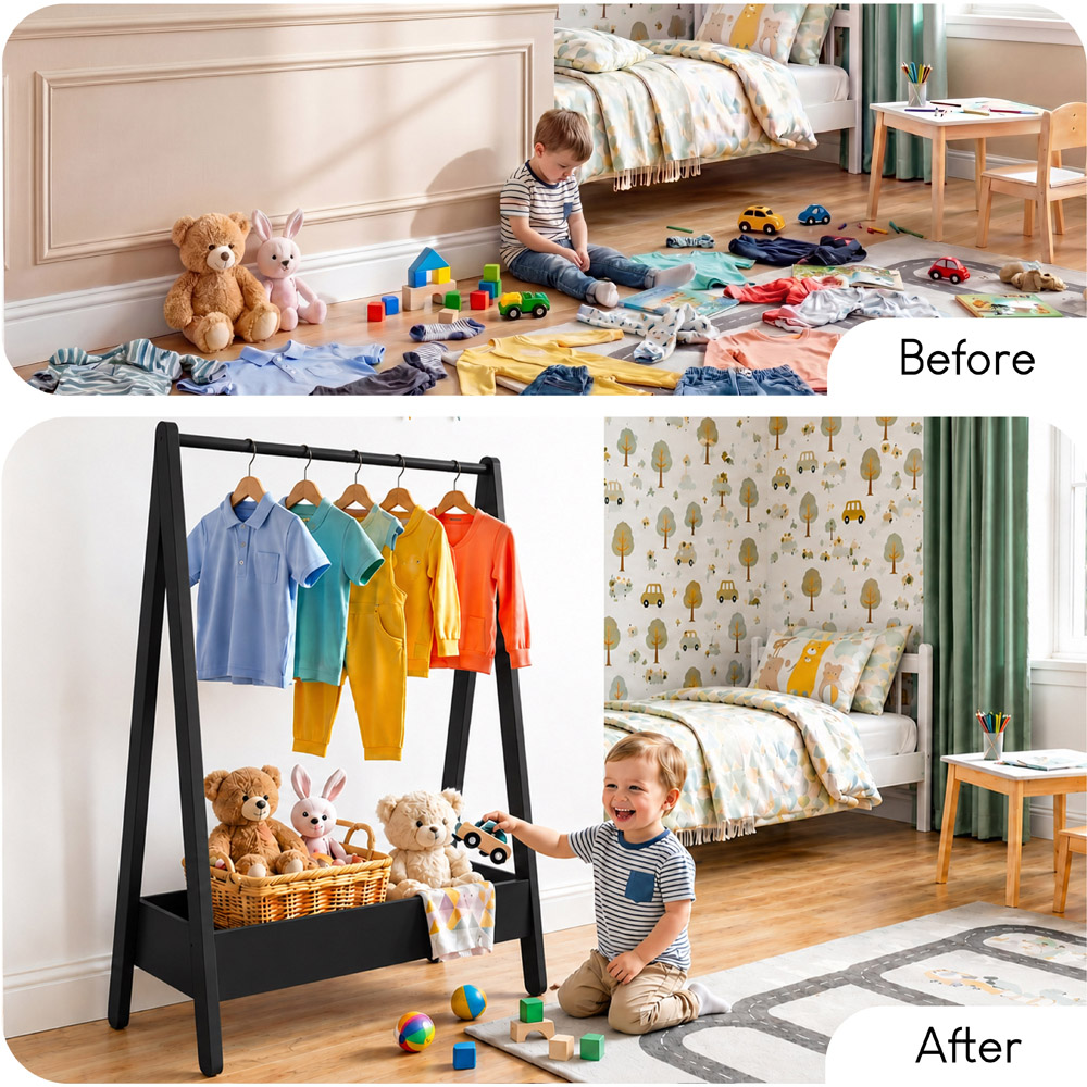 JUNIOR VIDA Black Kids Clothes Rack with Storage Shelf Image 5