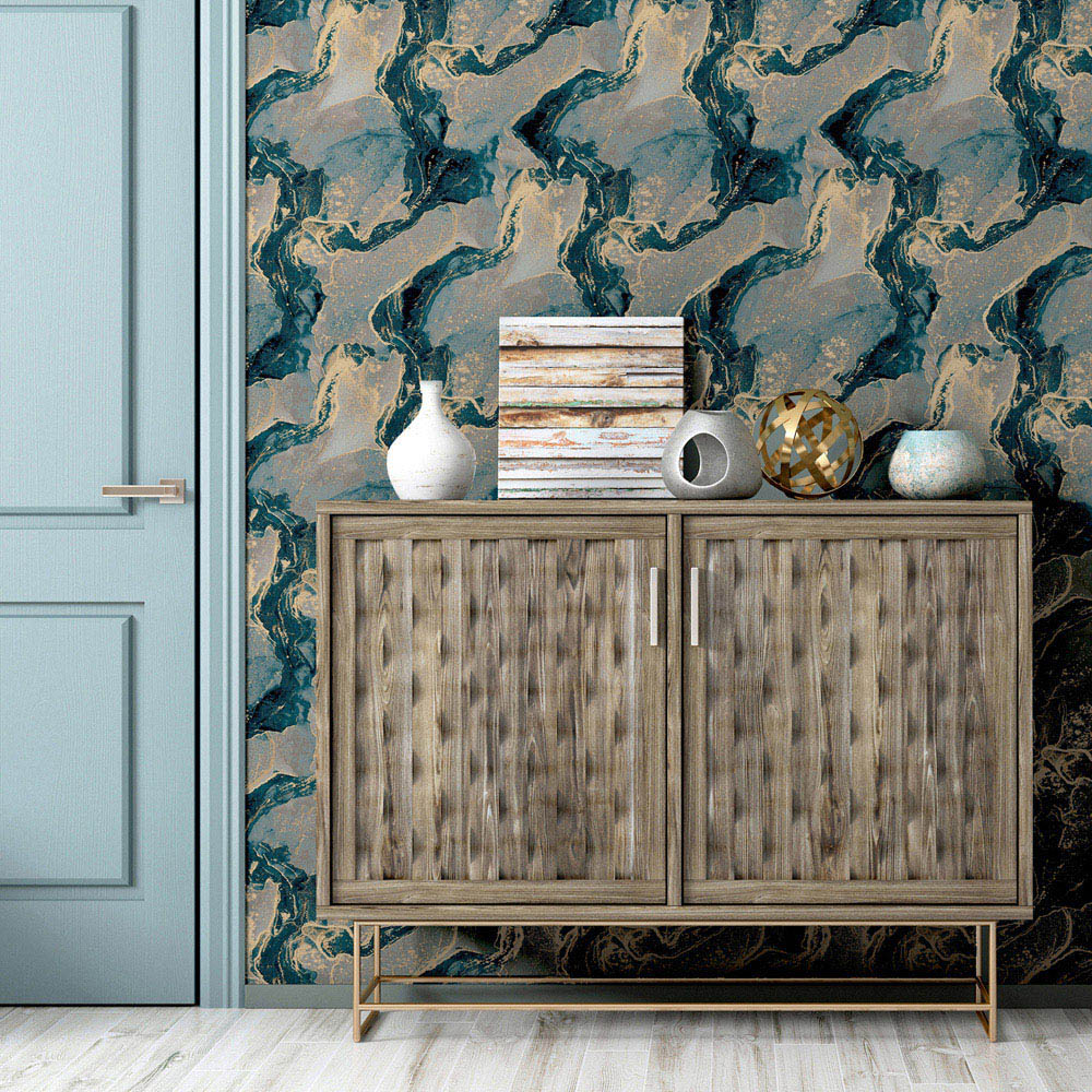 Arthouse Abstract Marble Teal and Gold Wallpaper Image 3