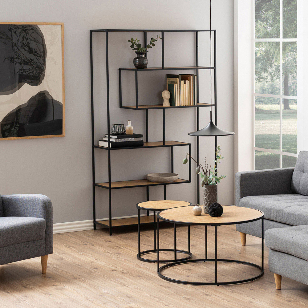 Florence Seaford 5 Shelf Oak and Black Metal Bookcase Image 8