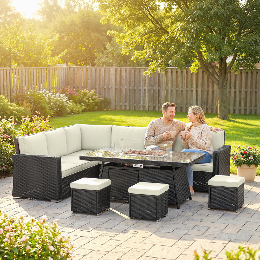 Outsunny 9 Seater White PE Rattan Garden Lounge Set with Fire Pit Table Image 2