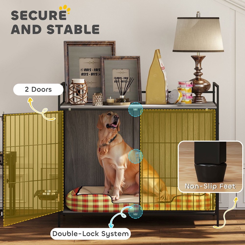 PawHut Grey Large Dog Crate with Rotating Bowl Holder Image 6
