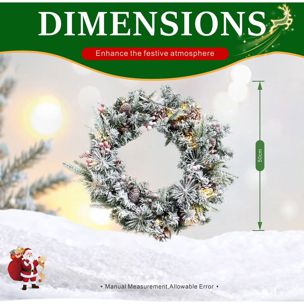 Abrihome 35 Warm White LED Snow Flocked Artificial Christmas Wreath with Tips and Pinecones 50cm Image 9
