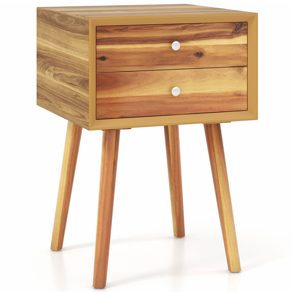 Costway 2 Drawer Natural Rubber Wood Legs Bedside Table Image 2