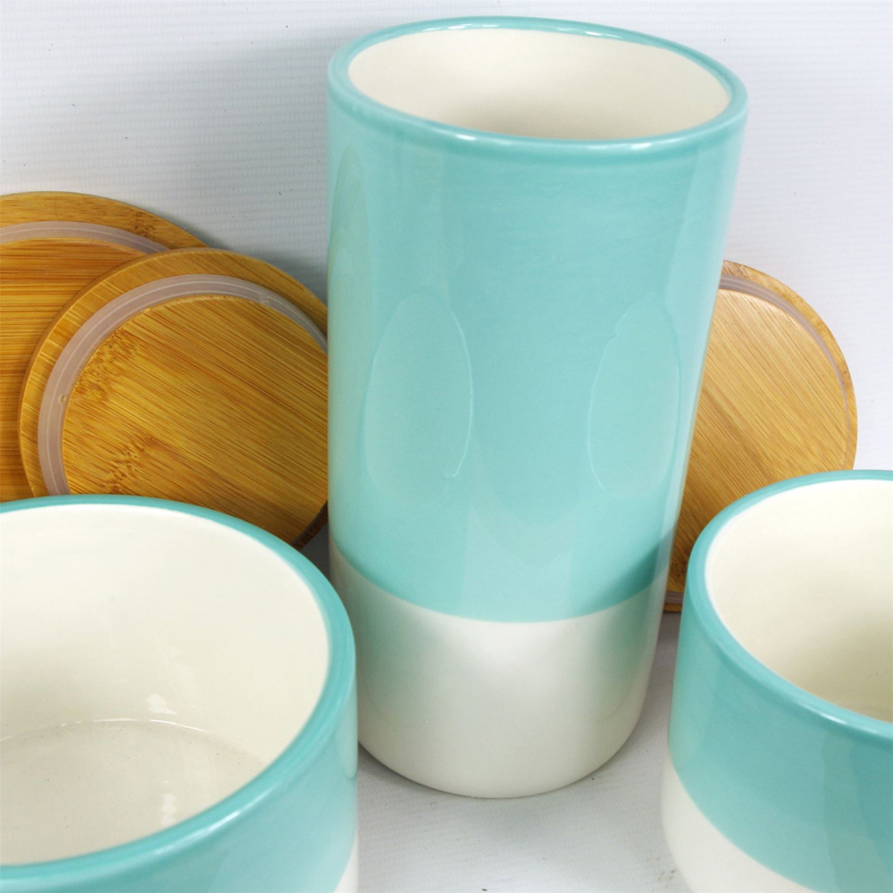 Leaf Set of 3 Aqua Green Ceramic Storage Jar with Bamboo Lid Image 3
