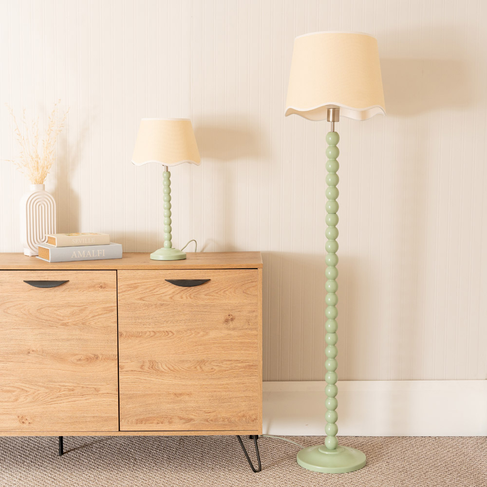 ValueLights Bobbins Linen Scallop White Trim Shade Sage Green LED Floor Lamp Image 5