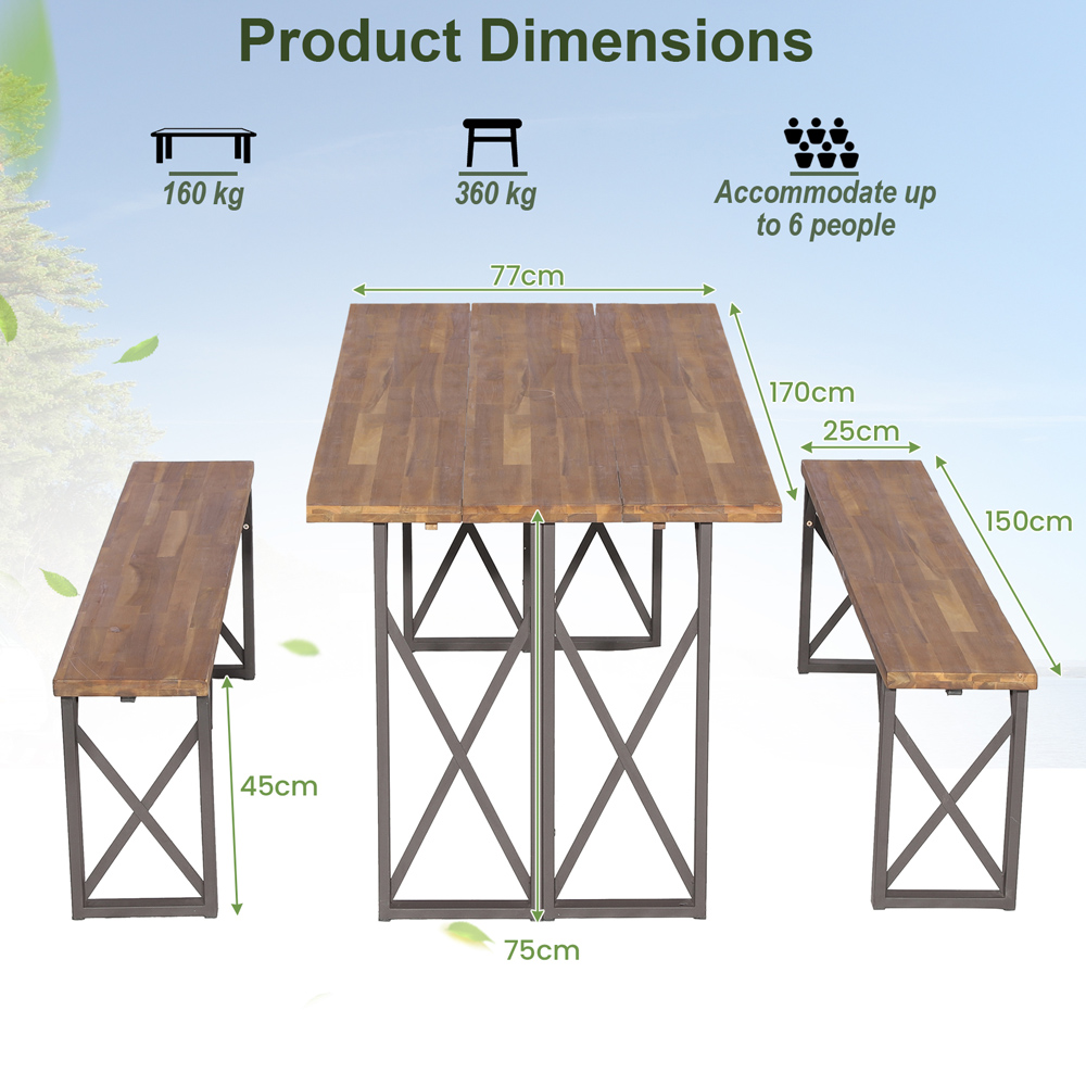 Costway 6 Seater Acacia Wood Outdoor Dining Bench Set with Umbrella Hole 4.5cm Image 8