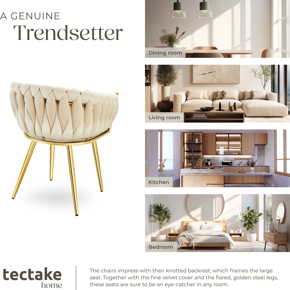 tectake Astano Set of 2 Sand and Gold Velvet Padded Knot Design Dining Chair Image 7