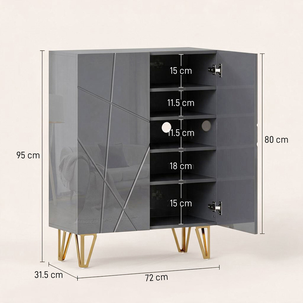 HOMCOM 2 Door Grey Shoe Storage Cabinet with Soft-Close Hinges Image 9