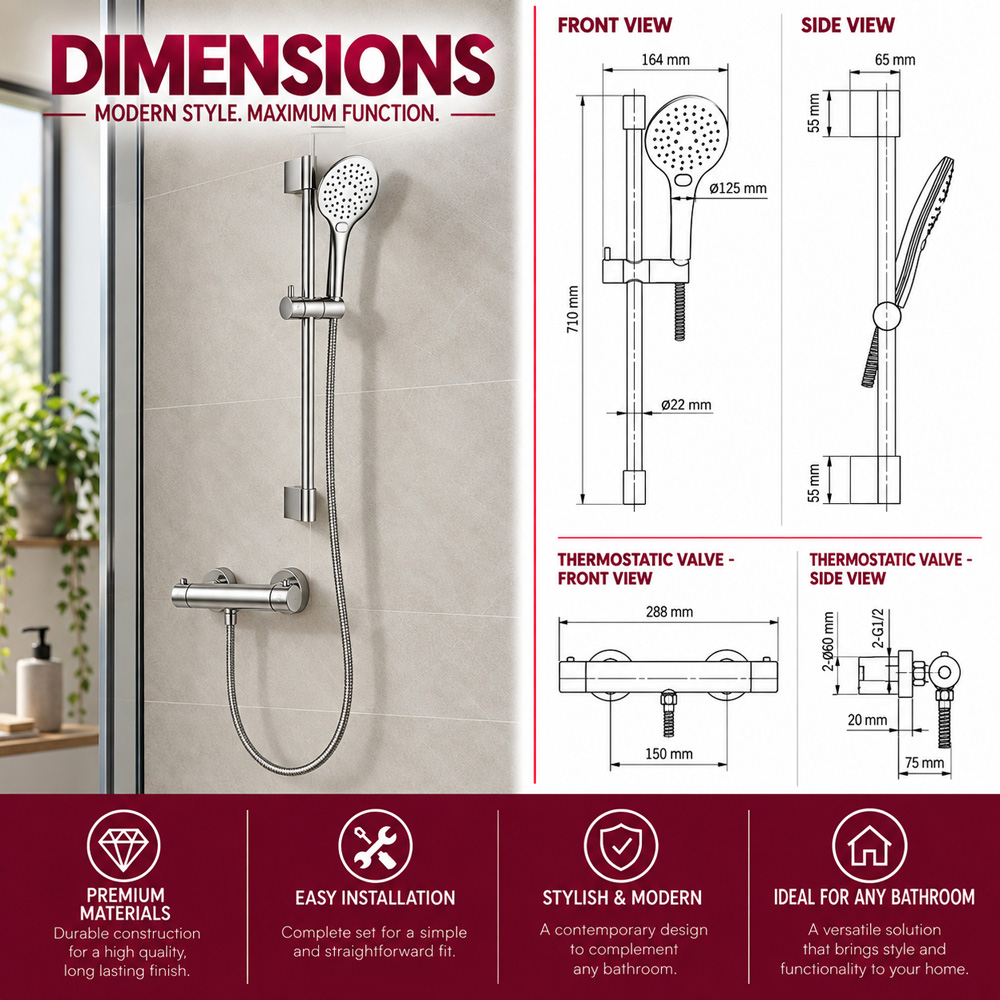 Go Bathrooms PureFlow Chrome Round Thermostatic Bar Shower Kit Image 6
