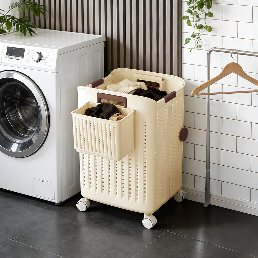 Living and Home Large Cream White Foldable Laundry Basket with Hanging Basket and Castors Image 2
