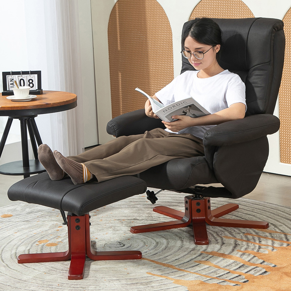 HOMCOM Black Leather Upholstered Recliner Chair with Footstool Image 1