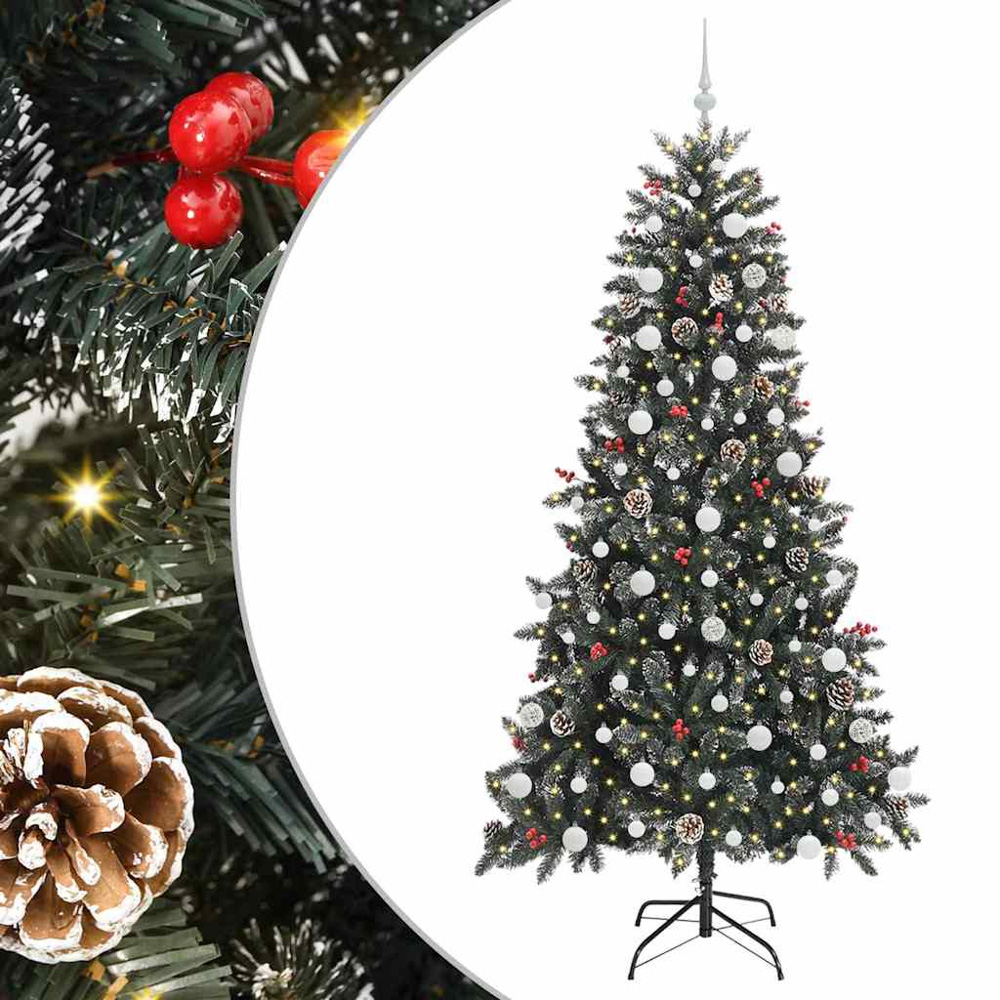 vidaXL Pre-Lit White Baubles and Pinecones Green Artificial Snow Tipped Christmas Tree 7ft Image 2