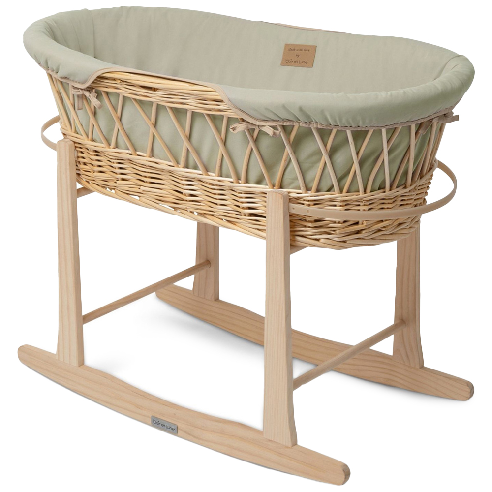 Clair De Lune Sage Organic Wicker Moses Basket with Rocking Stand Image 1