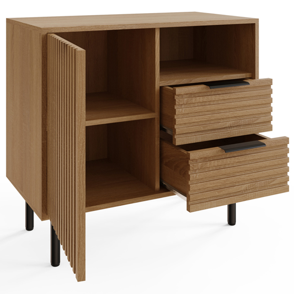 GFW Nervata Single Door 2 Drawer Single Shelf Oak and Black Ribbed Compact Sideboard Image 5