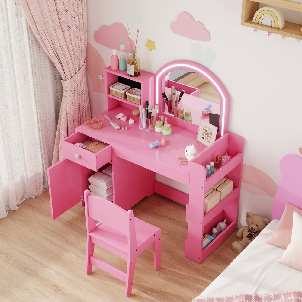 AIYAPLAY 2 Piece Pink LED Mirror Kids Dressing Table and Stool Set Image 3